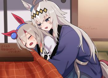 2girls ahoge animal_ears blue_eyes blue_hairband blue_robe blush closed_mouth commentary_request ear_covers ear_ornament fang grey_hair grey_tail hair_between_eyes hair_ornament hairband headband highres horse_ears horse_girl horse_tail kotatsu long_hair long_sleeves multicolored_hair multicolored_hairband multiple_girls oguri_cap_(umamusume) open_mouth red_headband robe shirt smile snafamo striped_clothes striped_hairband sweatdrop table tail tamamo_cross_(umamusume) two-tone_hairband umamusume under_kotatsu under_table white_shirt