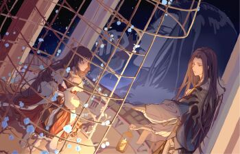 1boy 1girl analog_clock barefoot black_cape black_hair blue_eyes blue_flower blue_rose cage cape chinese_commentary clarence_clayden clarence_clayden_(godheim) clock closed_eyes closed_mouth cowboy_shot curtained_hair dress dutch_angle eye_contact feather_boa flower full_body fur-trimmed_cape fur_trim gloves gold_necklace gown grey_gloves heroine_(lovebrush_chronicles) highres holding holding_lantern holding_leaf hugging_own_legs in_cage jewelry knees_up lantern leaf long_hair long_sleeves looking_at_another looking_to_the_side lovebrush_chronicles maple_leaf mole mole_under_eye monocle multiple_views necklace night off-shoulder_dress off_shoulder offering_hand on_floor outstretched_arm pants parted_bangs parted_lips pillar plant puffy_long_sleeves puffy_sleeves purple_eyes red_dress rose shirt sky standing star_(sky) starry_sky vines white_pants white_shirt zongsi600