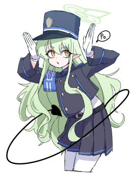 armband belt belt_skirt black_hat black_tail blue_archive blue_armband buttons demon_tail double-breasted dr_yamero gloves green_hair green_halo halo hat highres hikari_(blue_archive) long_hair long_sleeves looking_to_the_side making_faces open_mouth orange_eyes pantyhose peaked_cap pointy_ears skirt speech_bubble tail taunting train_conductor white_gloves white_pantyhose yellow_eyes