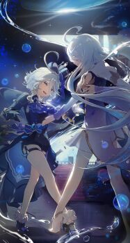 2girls absurdres ahoge ankle_scrunchie ascot asymmetrical_gloves barefoot black_gloves black_shirt black_shorts blue_ascot blue_dress blue_eyes blue_gem blue_hair blue_hat blue_jacket blue_ribbon blue_shoes brooch center_opening commentary_request dress focalors_(genshin_impact) furina_(genshin_impact) gem genshin_impact gloves gradient_clothes gradient_dress hat highres jacket jewelry kamatoyu long_hair long_sleeves looking_at_another medium_hair mismatched_gloves multicolored_dress multicolored_hair multiple_girls open_clothes open_jacket ribbon scrunchie shirt shoes shorts streaked_hair tearing_up top_hat water water_drop white_dress white_gloves white_hair