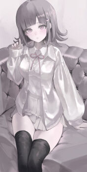 1girl alternate_costume black_thighhighs brown_hair brown_skirt couch danganronpa_(series) danganronpa_2:_goodbye_despair dress_shirt flipped_hair grey_background hair_ornament hand_up highres jacket long_sleeves looking_at_viewer medium_hair nanami_chiaki neck_ribbon open_clothes open_jacket pink_eyes pink_ribbon pleated_skirt ribbon shirt shiton_(2016sanhime) sitting skirt solo thighhighs white_shirt