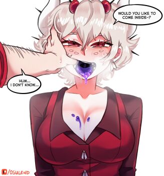 1boy 1girl :d absurdres aegyo_sal arm_hair arms_at_sides bare_arms beelzebub_(helltaker) blush bow breasts brown_shirt cleavage collarbone collared_shirt colored_tongue commentary demon_girl demon_horns double-parted_bangs drooling earrings english_commentary english_text fang finger_in_another's_mouth flipped_hair freckles grey_hair hair_between_eyes half-closed_eyes heavy_breathing helltaker helltaker_(character) highres horns jewelry large_breasts long_sleeves looking_at_viewer motion_lines open_collar open_mouth osulan patreon_logo patreon_username purple_tongue red_eyes red_vest ringed_eyes shirt short_hair sidelocks simple_background smile solo solo_focus speed_lines straight-on teeth tongue tongue_out upper_body uvula vest white_background white_bow white_horns
