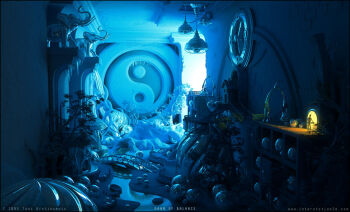 00s 2005 3d blue_theme fantasy ice indoors monochrome no_humans original realistic room roomscape scenery yin_yang
