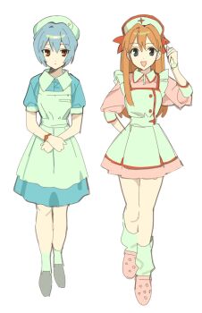 2girls apron ayanami_rei black_shoes blue_dress blue_eyes blue_hair closed_eyes collar commentary_request crocs dress expressionless full_body hair_ribbon hat highres leg_warmers long_hair looking_at_viewer multiple_girls neon_genesis_evangelion nurse nurse_cap orange_hair own_hands_together pink_dress red_eyes ribbon rinami456 shoes short_hair smile socks souryuu_asuka_langley white_apron white_background wristband