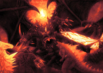 absurdres antennae ape ass b.e.a.s.t._glove bug clawed_wings claws cloud cloudy_sky compound_eyes crest crossover destoroyah dinosaur elbow_spikes electricity electrified_gauntlets electrified_weapon emerald-meronpan energy energy_weapon extra_wings flying gauntlets giant giant_monster gills glowing glowing_eyes glowing_gills glowing_horns glowing_spikes glowing_weapon glowing_wings godzilla godzilla_(monsterverse) godzilla_(series) godzilla_evolved godzilla_vs._destoroyah godzilla_x_kong:_the_new_empire gorilla highres horns insect kaiju king_kong king_kong_(series) legendary_pictures low_wings monster monsterverse moth mothra muscular muscular_arms muscular_back muscular_male muscular_other no_humans no_pupils overcast pincers roaring sharp_teeth shimo_(monsterverse) shoulder_spikes single_horn size_difference sky spiked_wings spikes sun tail teeth toho tongue tusks variant_set veins veiny_wings weapon wings