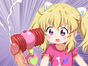 1boy 1girl age_difference aquarion_logos attack blonde_hair blush censored cum ejaculation erection flat_chest hammer heart hitting lasto loli penis shirt t-shirt tagme toy_hammer twintails uminagi_karan