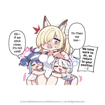 3girls animal_ear_fluff animal_ears antenna_hair bikini blonde_hair blue_archive blue_eyes blue_hair blue_halo bouncing_ass braid breasts chibi closed_eyes commentary covered_navel donmin_h english_commentary english_text fubuki_(blue_archive) fubuki_(swimsuit)_(blue_archive) grey_hair hair_over_one_eye halo hug_from_side kanna_(blue_archive) kanna_(swimsuit)_(blue_archive) kirino_(blue_archive) kirino_(swimsuit)_(blue_archive) large_breasts long_hair motion_lines multicolored_hair multiple_girls no_nose official_art one-piece_swimsuit open_mouth sharp_teeth shirt smile speech_bubble streaked_hair swimsuit teeth thigh_gap thighs unaligned_breasts upper_teeth_only visor_cap white_one-piece_swimsuit white_shirt