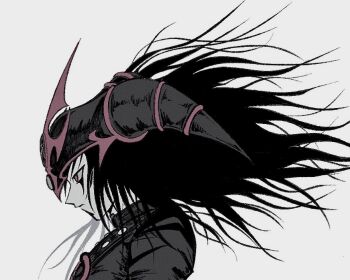 1boy black_hair duel_monster from_side helmet highres long_hair magician_of_black_chaos male_focus pink_eyes simple_background solo upper_body yamamee19 yu-gi-oh!