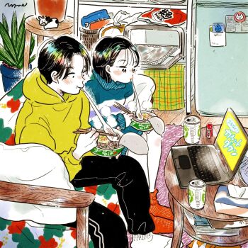 1boy 1girl absurdly_detailed_composition black_eyes black_hair black_pants blue_sweater blush book can chopsticks coffee_table colored_skin commentary computer couch cow drink_can emamemamo33 food from_above from_side full_body highres holding holding_chopsticks hood hoodie indoors instant_soba iridescent iridescent_hair laptop long_sleeves looking_at_screen magnet mochi on_couch open_book orange_socks original pants plant potted_plant red_oven_mitts refrigerator rug shelf short_hair signature sitting slice_of_life socks steam sweater table tissue tissue_box trash turtleneck white_skin white_socks wooden_floor yellow_hoodie