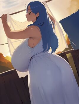 1girl armpits arms_up ass balcony black-framed_eyewear blue_hair breasts butt_crack_outline clothesline coco_(setawar) danielle_(setawar) dress drying drying_clothes from_behind gigantic_breasts glasses green_eyes highres huge_ass long_hair looking_back mature_female original outdoors plump semi-rimless_eyewear sleeveless sleeveless_dress smile solo standing sunset sweatdrop under-rim_eyewear white_dress