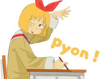Rule 34 | 1girl, annaka haruna, blonde hair, desk, earo bike, hair ribbon, highres, holding, holding pencil, nichijou, one eye closed, open hand, pencil, red ribbon, ribbon, school desk, school uniform, short hair, simple background, sitting, smile, tokisadame school uniform, tongue, tongue out, white background, yellow eyes