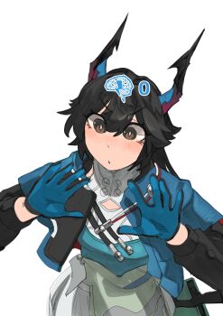 1girl absurdres arknights arknights:_endfield arms_up bendit black_hair black_sleeves blue_jacket blush chen_qianyu_(arknights) cropped_jacket dragon_girl dragon_horns eastern_dragon_horns grey_eyes highres horns jacket layered_sleeves long_hair long_sleeves open_clothes open_jacket sanity short_over_long_sleeves short_sleeves simple_background solo white_background