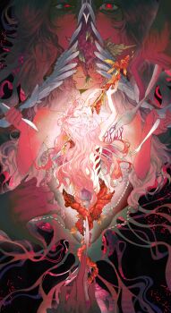 1boy absurdres bone chinese_commentary closed_eyes commentary_request food fork fruit grapes guro hatsutori_hajime highres holding holding_fork holding_knife intestines knife long_hair male_focus multiple_views nude pink_hair red_eyes red_pupils saibou_shinkyoku smile spoilers sweat thoordinary very_long_hair