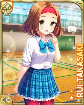 1girl blouse bow brown_eyes brown_hair buttons card character_name day female_focus girlfriend_(kari) gym hair_ornament indoors medium_hair official_art open_mouth plaid_clothes plaid_skirt qp:flapper red_bow red_legwear shirt skirt smile solo tagme takasaki_rui white_shirt
