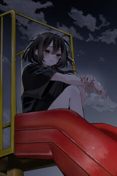 1girl absurdres black_eyes black_hair black_shirt blush closed_mouth cloud commentary_request crying crying_with_eyes_open ear_piercing earrings full_body hanataro_(sruvhqkehy1zied) highres holding_own_wrist jewelry knees_up medium_hair multiple_earrings night night_sky original outdoors piercing shirt short_sleeves sidelighting sitting sky slide solo tears wide_sleeves