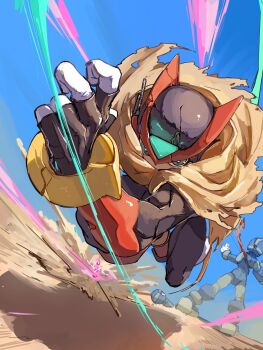 3boys absurdres android armor blue_helmet bodysuit cape cracked_helmet day desert energy_blade energy_sword forehead_jewel gloves glowing helmet highres injury male_focus mega_man_(series) mega_man_zero_(series) mega_man_zero_2 multiple_boys no_humans omochi_(mochi_skymega) outdoors pantheon_(mega_man) red_armor red_helmet sword torn_cape torn_clothes weapon z_saber zero(z)_(mega_man) zero_(mega_man)