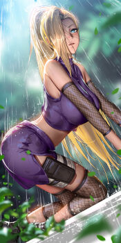 1girl all_fours blonde_hair blue_eyes breasts crop_top detached_sleeves fishnets highres large_breasts liang_xing miniskirt naruto_(series) naruto_shippuuden ponytail pouch purple_skirt rain skirt sleeveless solo thigh_pouch wet wet_hair yamanaka_ino