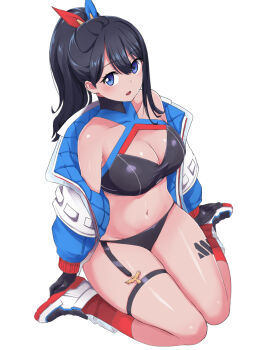 1girl angoha bikini black_bikini black_gloves black_hair black_skirt blue_eyes blue_jacket breasts cleavage curvy full_body gloves gridman_universe gridman_universe_(movie) hair_ribbon highres jacket kneehighs large_breasts long_hair looking_at_viewer microskirt multicolored_jacket navel off_shoulder official_alternate_costume official_alternate_hairstyle open_mouth ponytail red_socks ribbon shiny_skin shoes sitting skirt sneakers socks solo swimsuit takarada_rikka takarada_rikka_(solarain_toys) thigh_strap thighs thong thong_bikini wariza white_background white_jacket white_shoes wide_hips