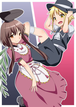 1boy 1girl apron arm_up ascot black_hat black_shoes black_shorts black_socks black_vest blonde_hair border bow breasts brown_eyes brown_hair chest_bow closed_mouth collared_vest commission dress genderswap genderswap_(ftm) grey_background hair_between_eyes hands_on_headwear hands_up hat highres holding jeno looking_at_another looking_at_viewer myouga_(plant) nishida_satono open_mouth outside_border pink_background pink_bow pink_dress pink_ribbon puffy_short_sleeves puffy_sleeves ribbon shirt shoes short_hair short_hair_with_long_locks short_sleeves shorts sidelocks simple_background skeb_commission small_breasts smile socks tassel touhou touhou_(pc-98) vest white_apron white_ascot white_border white_shirt white_socks yellow_eyes yuki_(touhou)