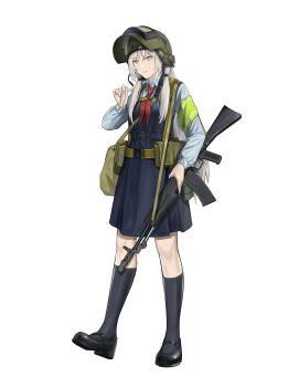 absurdres altyn_helmet ammunition_pouch an-94 an-94_(girls&#039;_frontline) assault_rifle bag black_shoes black_socks blue_eyes collared_shirt combat_helmet commentary english_commentary full_body girls&#039;_frontline gun helmet highres holding holding_gun holding_own_hair holding_weapon hongsir kalashnikov_rifle loafers necktie pouch red_necktie rifle school_uniform shirt shoes socks weapon white_background white_hair