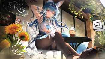 1girl absurdres animal_ear_fluff animal_ears arm_up armpits bare_shoulders blue_hair breasts brown_pantyhose cafe clothing_cutout flower fox_ears fox_girl fox_tail hairband highres hiyori_(meridian_project) large_breasts long_hair looking_at_viewer meridian_project mowjing pantyhose parted_lips red_eyes smile solo table tail underboob underboob_cutout virtual_youtuber