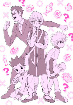 formal_clothes glasses gon_freecss hunter_x_hunter jacket killua_zoldyck kurapika leorio_paladiknight long_sleeves male_focus monochrome multiple_boys odenkong short_hair shorts skateboard spiked_hair suit white_background