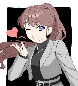 1girl belt black_background black_belt black_sweater blowing_kiss border brown_hair commentary_request floating_hair fujishima_megumi fujishima_megumi_(post-graduation) grey_jacket grey_skirt heart heart_necklace highres jacket jewelry link!_like!_love_live! long_hair looking_at_viewer love_live! necklace open_clothes open_jacket outside_border ponytail purple_eyes simple_background skirt solo suit_jacket sweater turtleneck turtleneck_sweater virtual_youtuber watage_hiyoko white_border