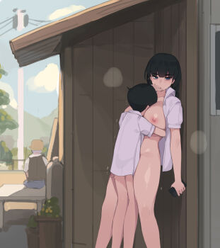 1girl 2boys against_wall age_difference akiyama_fumika_(pepper0) akiyama_minato_(pepper0) ass black_hair blunt_bangs bottomless breasts brother_and_sister clothed_female_nude_male exhibitionism height_difference hetero highres holding hug incest large_breasts multiple_boys nipples nude old old_man onee-shota open_clothes open_shirt original outdoors pepper0 public_indecency public_nudity sex shirt short_sleeves shota siblings standing standing_missionary standing_sex stealth_sex sweat white_shirt