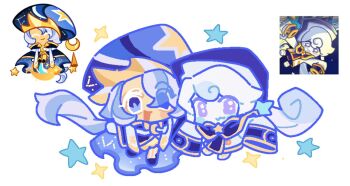 Rule 34 | 1girl, 1other, :3, blue cape, blue capelet, blue hat, cape, capelet, chis74, constellation print, cookie run, cookie run: kingdom, cookie run: ovenbreak, dreamweaver cookie, dreamweaver cookie (dreamkeeper of the night), dress, hat, long hair, looking at viewer, low ponytail, low twintails, milky way cookie, multicolored hair, open mouth, pants, ponytail, purple eyes, sleeves past fingers, sleeves past wrists, smile, streaked hair, twintails, very long hair, white dress, white hair, white pants