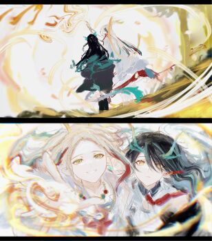 2girls a_deer_of_nine_colors absurdres antlers arknights black_hair deer_antlers deer_girl dragon_girl dragon_horns dragon_tail dusk_(arknights) hair_over_one_eye highres horns ink multiple_girls multiple_views nine-colored_deer red_eyes tail zuo_daoxing