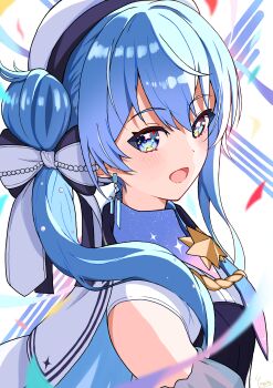 1girl absurdres aqua_eyes aqua_hair beret blush detached_sleeves hair_between_eyes hair_ornament hat highres hololive hoshimachi_suisei hoshimachi_suisei_(old_design) long_hair looking_at_viewer looking_back open_mouth shirt sleeveless sleeveless_shirt smile solo star_(symbol) star_in_eye symbol_in_eye upper_body very_long_hair virtual_youtuber white_background white_hat yu_yulia