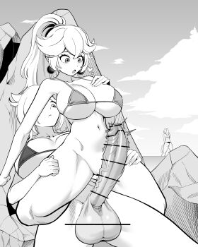 1girl 2futa :o absurdres bar_censor bikini bikini_top_only bottomless breasts censored cloud ear_piercing earrings erection futa_with_female futanari hair_tie heart highres huge_breasts huge_penis huge_testicles imminent_penetration jewelry large_breasts light_blush long_hair looking_at_penis mario_(series) metroid monochrome multiple_futa navel nintendo nude open_mouth outdoors penis piercing pointless_censoring ponytail princess_peach rosalina samus_aran stealth_sex straddling swimsuit tekkin_papa testicles veins veiny_penis wide_hips