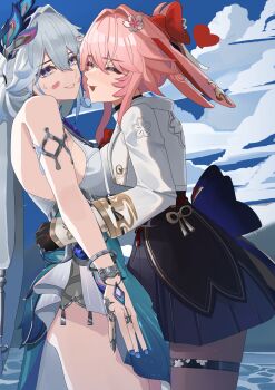 2girls animal_ears armlet black_choker black_gloves black_skirt blue_eyes blue_sky bow breast_press breasts brown_pantyhose capkal chain chain_bracelet choker commentary_request cowboy_shot dress evanescia_(honkai:_star_rail) facing_another fox_ears fox_girl gloves grey_hair hair_between_eyes hair_bow hair_intakes highres honkai:_star_rail honkai_(series) jacket jewelry large_breasts lipstick_mark looking_at_another multiple_girls open_clothes open_jacket pantyhose peacock_feathers_hair_ornament pink_hair pleated_skirt red_bow shirt silver_armlet silver_bangle skirt sky symmetrical_docking thigh_strap thighs two-tone_dress white_jacket white_shirt yao_guang_(honkai:_star_rail) yuri