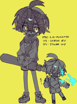 Rule 34 | > <, 1boy, blue paint, closed mouth, commentary, crossed bangs, crossover, full body, holding, holding weapon, inkling, kieran (pokemon), long sleeves, looking to the side, male focus, nintendo, open mouth, paint splatter, partially colored, pokemon, pokemon sv, short hair, shorts, sketch, splatoon (series), thick eyebrows, titara 1230, weapon, yellow background, yellow eyes