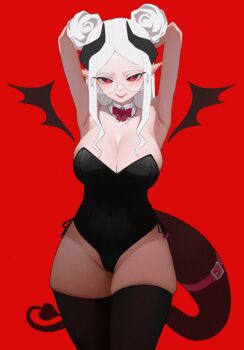 1girl absurdres anemoneeanemone armpits arms_behind_head arms_up bare_arms bare_shoulders black_leotard black_thighhighs bow bowtie breasts character_request cleavage copyright_request covered_navel cowboy_shot demon_tail detached_collar double_bun glasses hair_bun highleg highleg_leotard highres horns large_breasts leotard long_hair looking_at_viewer mole mole_under_mouth parted_bangs pointy_ears red_background red_bow red_bowtie red_eyes round_eyewear side-tie_leotard sidelocks simple_background skindentation smile solo tail tail_belt thick_tail thighhighs white-framed_eyewear white_hair
