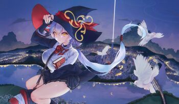 1girl absurdres ahoge bird black_jacket black_skirt blue_archive bow bowtie braid breasts broom broom_riding city commentary_request diagonal-striped_bow diagonal-striped_bowtie diagonal-striped_clothes dove eri_(blue_archive) hair_between_eyes halo hat highres jacket kivotos lake large_breasts off_shoulder red_bow red_bowtie shirt skirt solo striped_bow striped_bowtie striped_clothes thighs uyoha white_hair white_shirt witch_hat yellow_halo