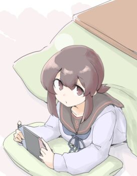 1girl akara_kai black_hair black_sailor_collar blue_neckerchief brown_eyes commentary_request fubuki_(kancolle) fubuki_kai_ni_(kancolle) handheld_game_console holding holding_handheld_game_console kantai_collection kotatsu low_ponytail neckerchief nintendo_switch ponytail sailor_collar solo sweater table translation_request white_sweater