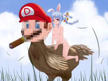 1girl 1other absurdres animal_ear_fluff animal_ears bird blue_hair blush braid breasts carrot carrot_hair_ornament censored chicken chinese_commentary cigar commentary_request completely_nude food-themed_hair_ornament hair_ornament highres hololive kakokyuu_hiffuu long_hair looking_at_viewer mario mario_(series) medium_breasts mosaic_censoring multicolored_hair nintendo nipples nude outdoors rabbit_ears rabbit_girl rabbit_tail riding riding_animal riding_bird short_eyebrows smile tail thick_eyebrows twin_braids twintails two-tone_hair usada_pekora virtual_youtuber what white_hair