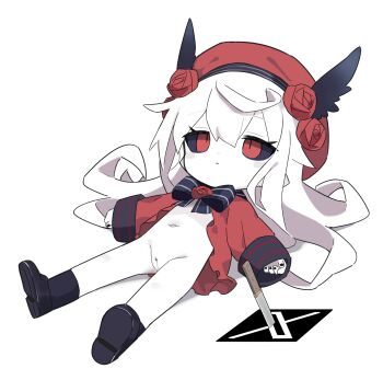 1girl bar_censor black_nails black_sclera black_shoes black_socks censored chibi cleft_of_venus closed_mouth colored_sclera commentary_request flat_chest flower hair_flower hair_ornament hat highres knife loli long_hair long_sleeves lying matcha_(mattyan) nail_polish navel null-chan_(mattyan) on_back original pussy red_eyes red_flower red_hat rose shoes simple_background sleeves_past_wrists socks solo twitter_x_logo white_background white_hair