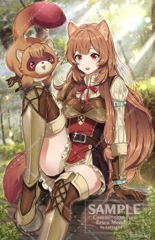1girl :d absurdres animal animal_ear_fluff animal_ears animal_on_hand armor artist_name belt black_dress black_panties black_shorts blunt_bangs boots breastplate brown_armor brown_belt brown_boots brown_hair check_clothing clothing_request commentary commission commissioner_name cosplay day dress english_commentary eyelashes forest highres leather_armor leflayart leg_up long_hair long_sleeves looking_at_animal looking_at_viewer metal_arm_cuffs metal_wrist_cuffs nature neck_ribbon on_log open_mouth outdoors panties pauldrons pinstripe_dress pinstripe_pattern raccoon_ears raccoon_girl raccoon_tail raph-chan raphtalia red_dress red_eyes red_ribbon ribbon sample_watermark second-party_source short_dress shorts shoulder_armor single_pauldron sitting sitting_on_log sleeveless sleeveless_dress smile straight_hair sunlight tail tanuki tate_no_yuusha_no_nariagari teeth thigh_boots thighhighs tongue twitter_username two-tone_dress underwear upper_teeth_only watermark white_dress zettai_ryouiki