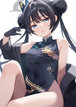 1girl bare_shoulders black_dress black_gloves black_hair blue_archive blush braid braided_bun breasts butterfly_hair_ornament china_dress chinese_clothes coat commentary covered_navel double_bun dragon_print dress gloves grey_coat grey_eyes hair_bun hair_ornament half_gloves halo izumi_akane kisaki_(blue_archive) long_hair long_sleeves looking_at_viewer off_shoulder open_mouth pelvic_curtain pinstripe_pattern revision short_dress side_slit small_breasts solo striped_coat thighs twintails vertical-striped_coat