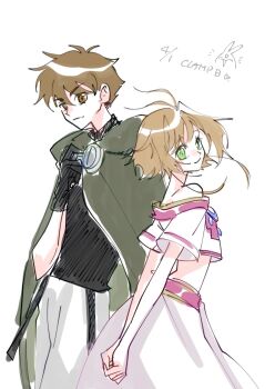 1boy 1girl arms_behind_back black_gloves brown_eyes brown_hair cloak closed_mouth crop_top gloves green_cloak green_eyes hair_intakes highres mokona sakura_hime short_hair simple_background smile tsubasa_chronicle white_background xiaolang yuzikoz_mega