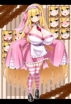 1girl apron blonde_hair blush breasts cleavage closed_eyes collar commission condom condom_wrapper dress eyebrows_hidden_by_hair full_body garter_belt green_eyes hair_between_eyes heart heart_in_eye highres huge_breasts katuu long_hair multiple_expressions oppai_loli original pink_dress pink_thighhighs sleeves_past_fingers sleeves_past_wrists solo striped_clothes striped_thighhighs sweatdrop symbol_in_eye thighhighs tongue tongue_out turn_pale very_long_hair white_apron white_collar white_headdress