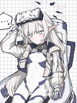 Rule 34 | ..., 1girl, blue archive, blush, bodysuit, commentary request, covered navel, gloves, grey eyes, halo, head-mounted display, highres, himari (armed) (blue archive), himari (blue archive), hukuro kasiwa, jacket, long hair, looking at viewer, mole, mole under eye, multicolored halo, pointy ears, solo, wheelchair, white background, white bodysuit, white hair, white halo