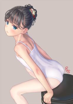 1girl aoi_kumiko ass athletic_leotard ballerina ballet black_hair blue_eyes blue_leotard blush braid braided_bun breasts commentary_request hair_bun highres leotard long_hair looking_at_viewer looking_back original pantyhose pink_pantyhose sitting small_breasts solo spread_legs stool thighs white_leotard white_pantyhose