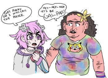 1girl brown_hair choker chris-chan d-pad d-pad_hair_ornament english_text flower hair_flower hair_ornament hood hooded_track_jacket hoodie jacket neptune_(neptunia) neptune_(series) non-web_source open_mouth purple_eyes purple_hair shirt short_hair sidelocks simple_background sonichu_medallion tie-dye track_jacket usb white_background white_choker