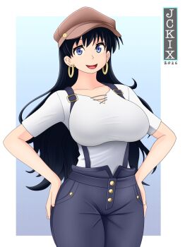 1girl 2026 arato_nagi artist_name black_hair blue_background blue_eyes blue_overalls border breasts brown_hat commentary earrings english_commentary hand_on_own_hip hat highres hoop_earrings jckix jewelry large_breasts long_hair looking_at_viewer newsboy_cap open_mouth overalls ruri_no_houseki shirt short_sleeves smile solo white_border white_shirt
