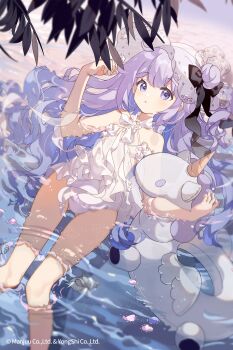 1girl azur_lane bad_source bare_shoulders beach breasts conch hair_bun hair_ornament highres long_hair lying official_art purple_eyes purple_hair small_breasts solo swim_ring swimsuit thighs unicorn unicorn_(azur_lane)