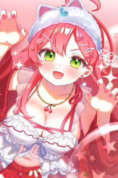 Rule 34 | 1girl, absurdres, ahoge, animal ear hairband, animal ears, asymmetrical legwear, babydoll, blush, bow, breasts, cardigan, cat ear hairband, cat ears, claw pose, commentary request, double-parted bangs, fake animal ears, fingernails, frilled babydoll, frilled shorts, frills, green eyes, hair between eyes, hair bow, hairband, highres, hololive, ito siki, jewelry, long hair, looking at viewer, multiple views, nail polish, navel, necklace, official alternate costume, official alternate hairstyle, pink background, pink nails, red cardigan, sakura miko, sakura miko (loungewear), shorts, simple background, sleeves past wrists, stomach, virtual youtuber