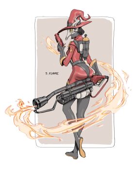 Rule 34 | 1girl, ass, back, black boots, black gloves, black hair, bodysuit, boots, border, closed mouth, dark-skinned female, dark skin, fire, flamethrower, flare gun, full body, gloves, hat, highres, holding, holding flamethrower, holding weapon, latex, latex bodysuit, mask, nygel-jpg, oxygen tank, pyro (tf2), red pyro (tf2), shoe soles, short hair, smile, solo, standing, standing on one leg, team fortress 2, thigh boots, weapon, white border, witch hat